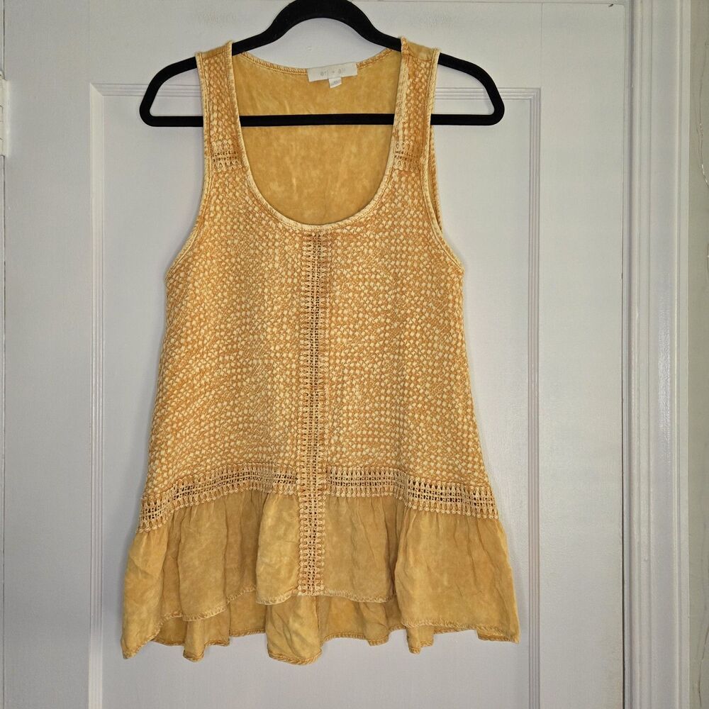 Eri + Ali Mustard Ruffle Tank Top Womens M Crochet Trim Boho Cottagecore